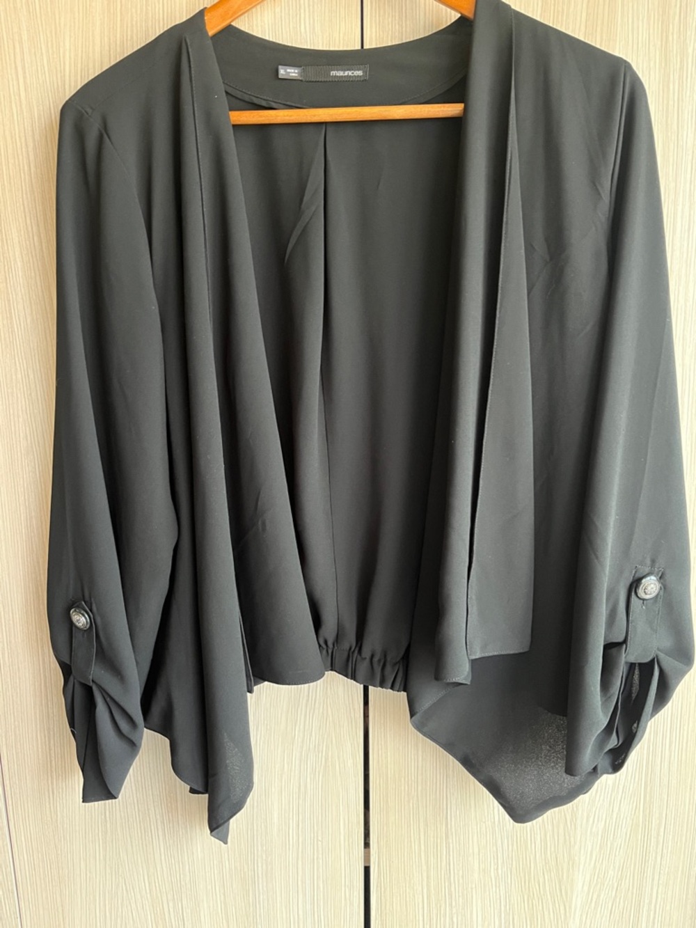 Maurices Black Draped Open-Front Cardigan with Roll-Tab Sleeves